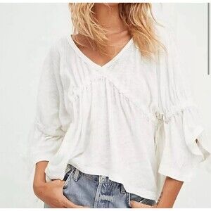Free People White Linen Bohemian Coquette Festival Sand Storm Flounce Top Xsmall